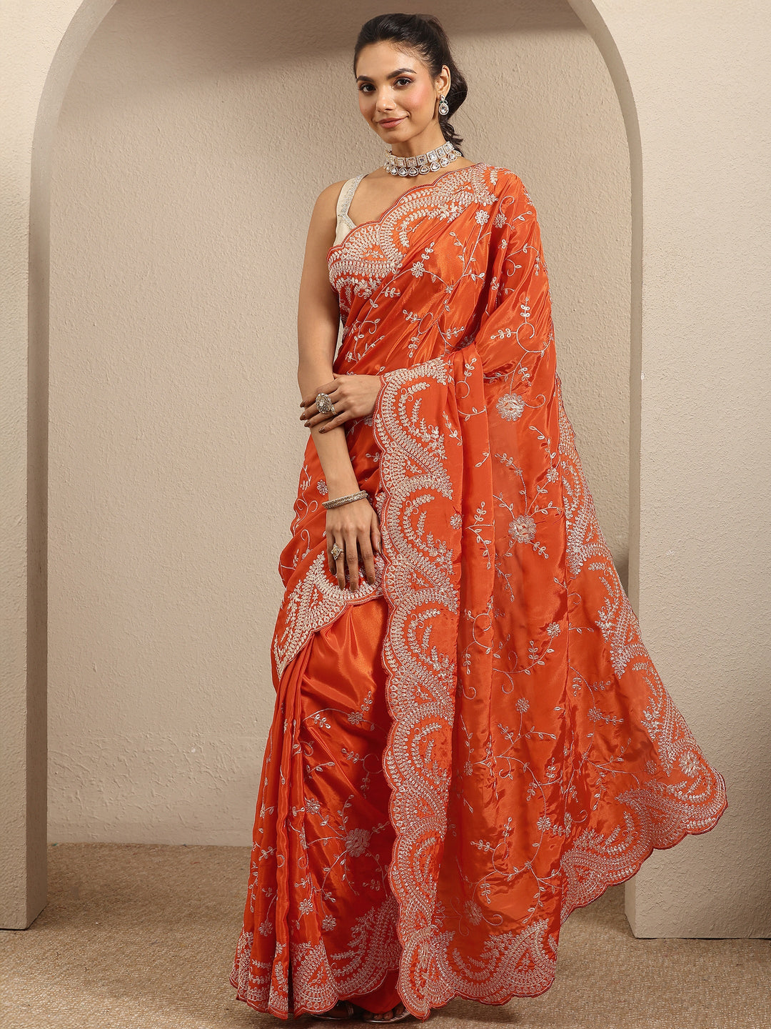 Orange Embroidered Silk Blend Saree With Unstitched Blouse Piece
