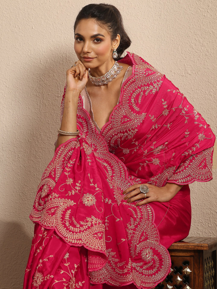 Pink Embroidered Silk Blend Saree With Unstitched Blouse Piece