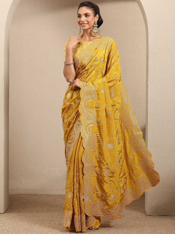 Mustard Embroidered Silk Blend Saree With Unstitched Blouse Piece