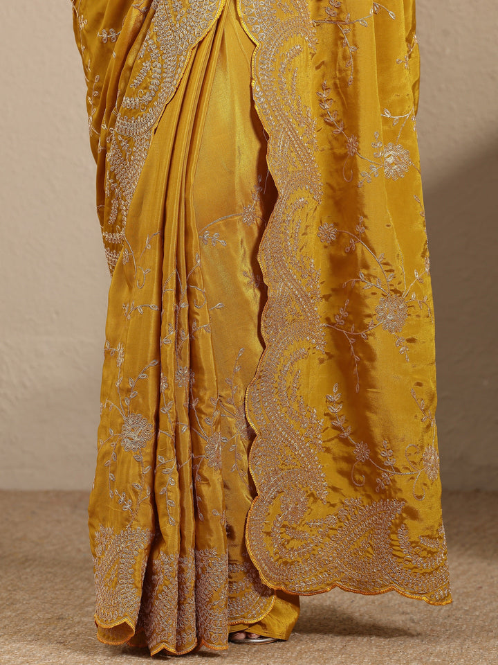 Mustard Embroidered Silk Blend Saree With Unstitched Blouse Piece