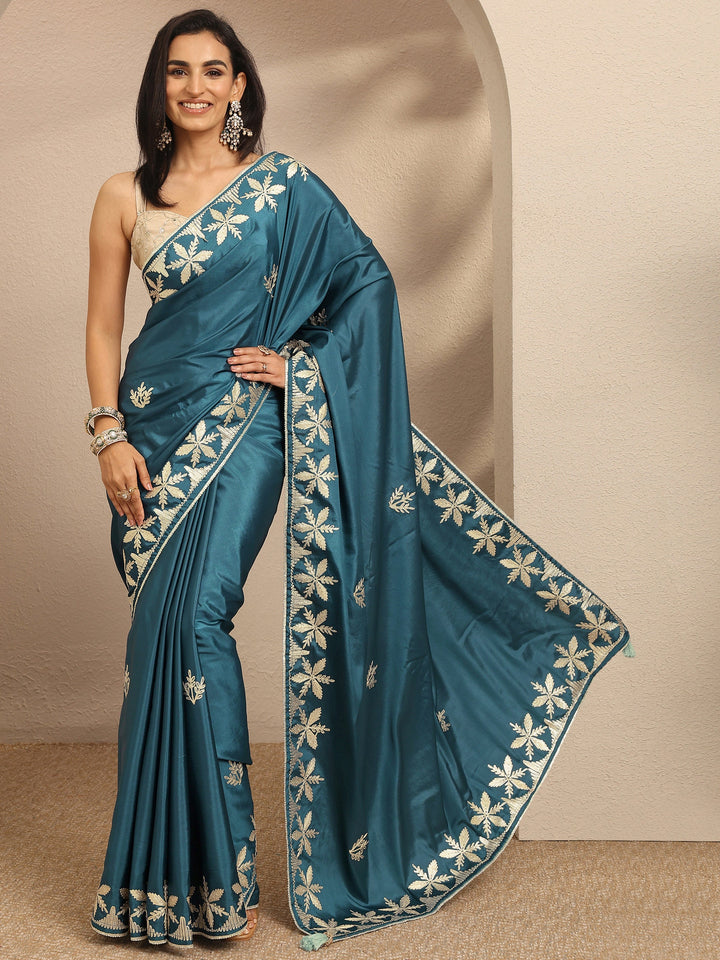 Teal Embroidered Silk Blend Saree With Unstitched Blouse Piece