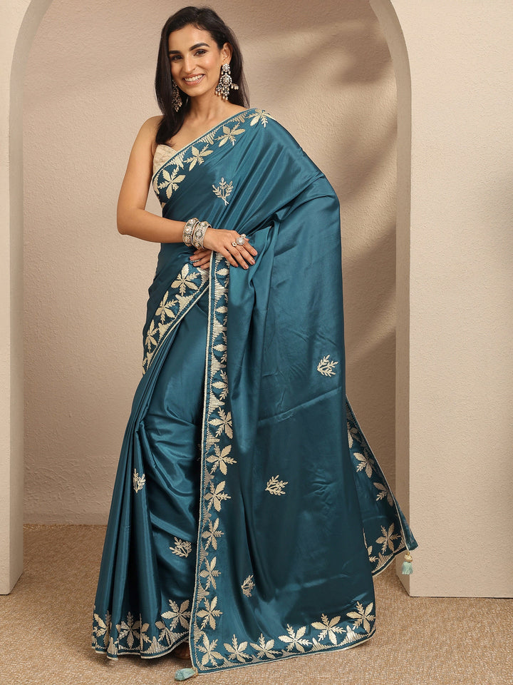 Teal Embroidered Silk Blend Saree With Unstitched Blouse Piece