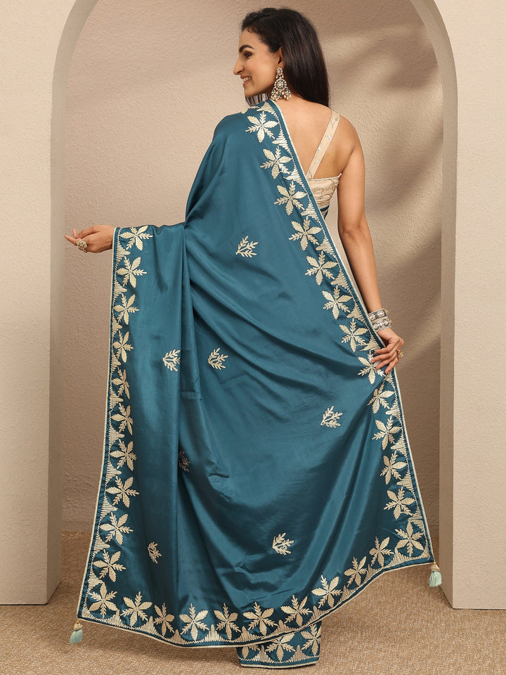 Teal Embroidered Silk Blend Saree With Unstitched Blouse Piece