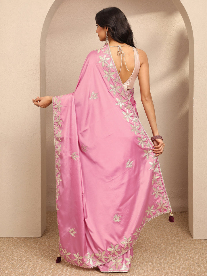 Pink Embroidered Silk Blend Saree With Unstitched Blouse Piece