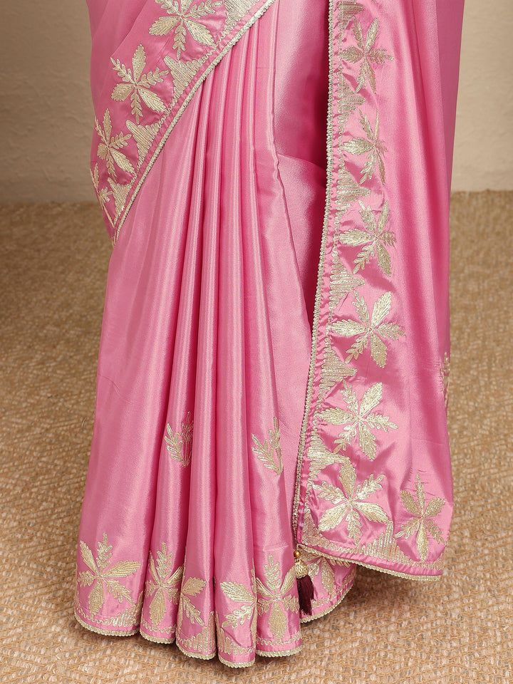 Pink Embroidered Silk Blend Saree With Unstitched Blouse Piece