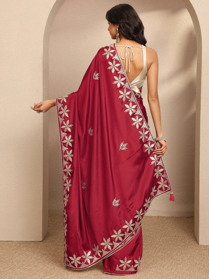 Red Embroidered Silk Blend Saree With Unstitched Blouse Piece