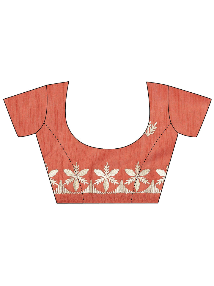 Red Embroidered Silk Blend Saree With Unstitched Blouse Piece