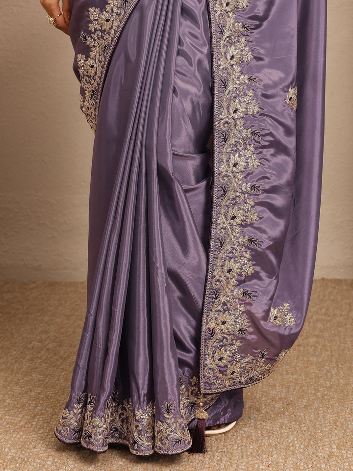 Lavender Embroidered Silk Blend Saree With Unstitched Blouse Piece