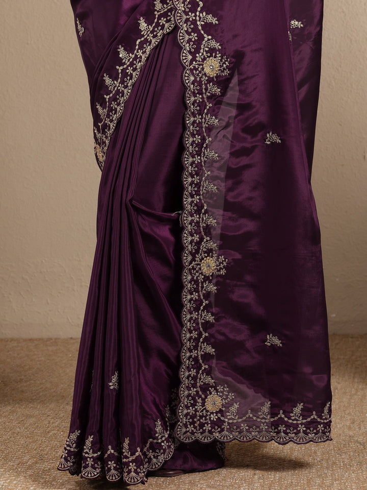 Burgundy Embroidered Silk Blend Saree With Unstitched Blouse Piece