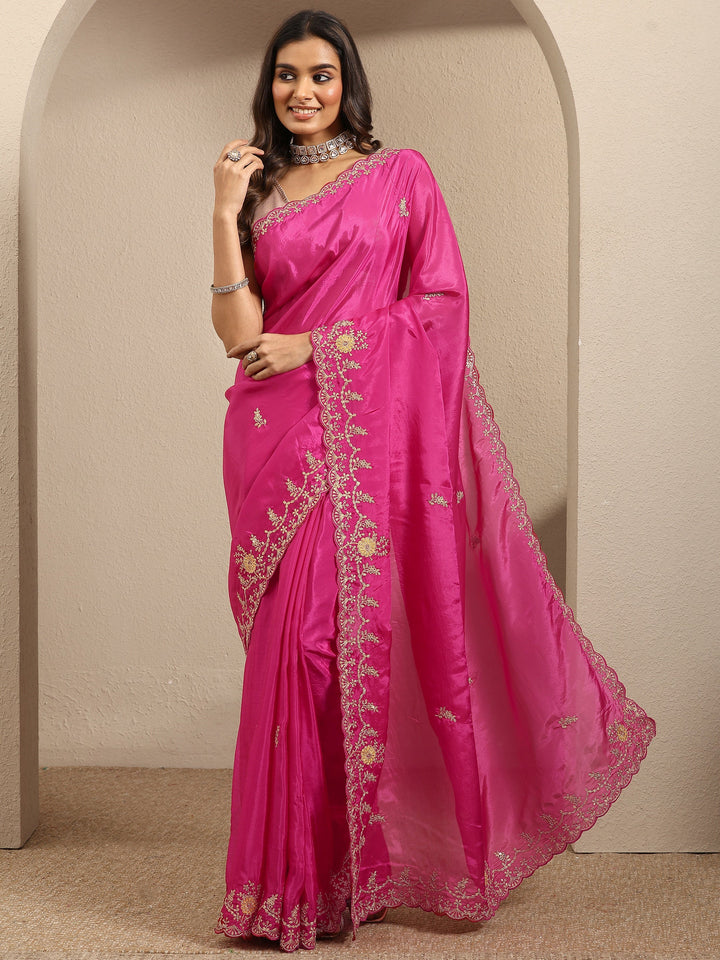 Pink Embroidered Silk Blend Saree With Unstitched Blouse Piece