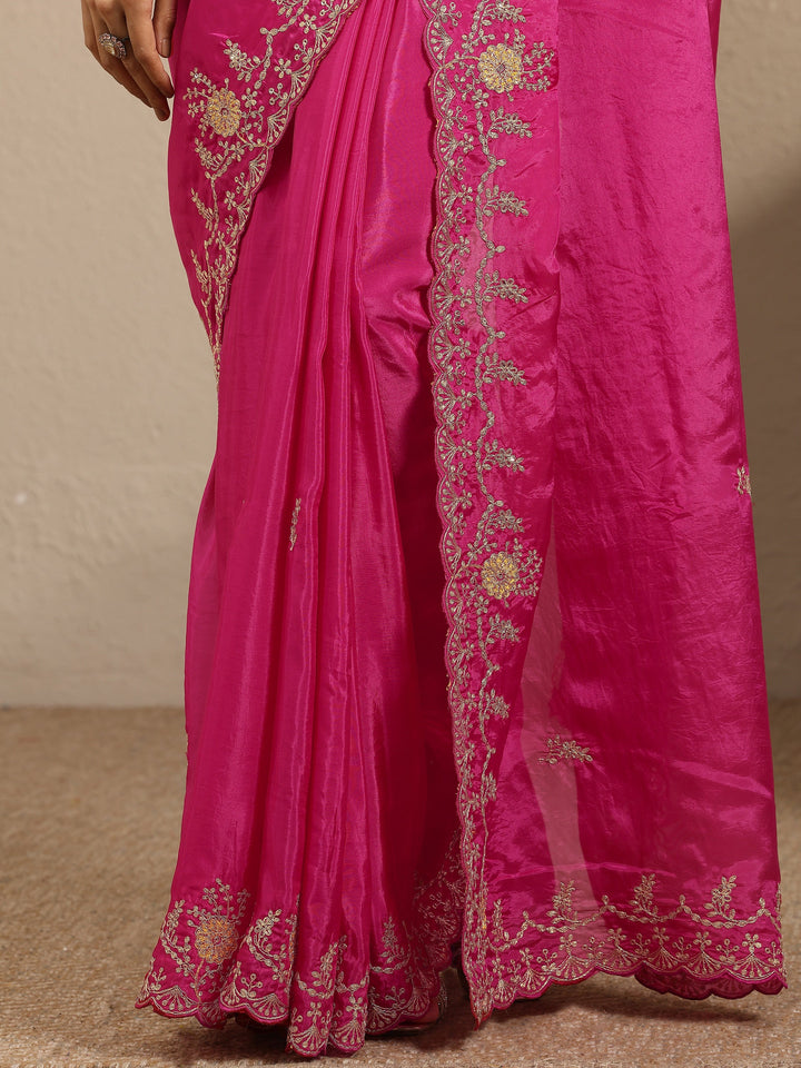 Pink Embroidered Silk Blend Saree With Unstitched Blouse Piece