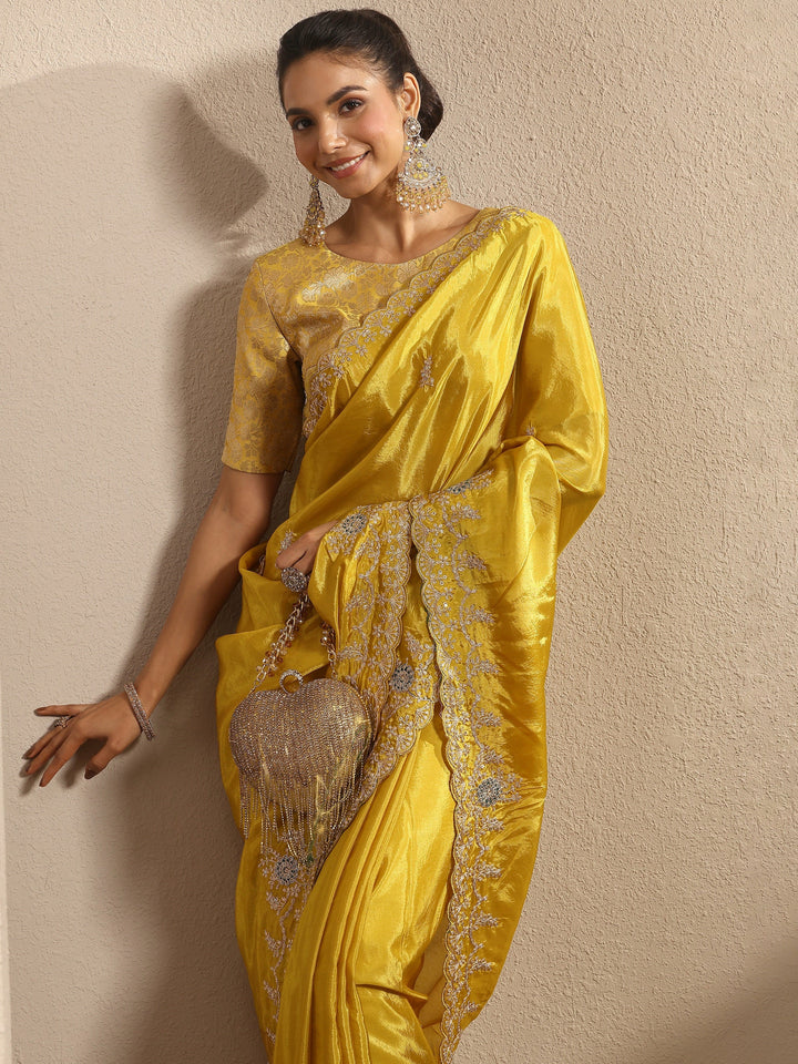 Mustard Embroidered Silk Blend Saree With Unstitched Blouse Piece