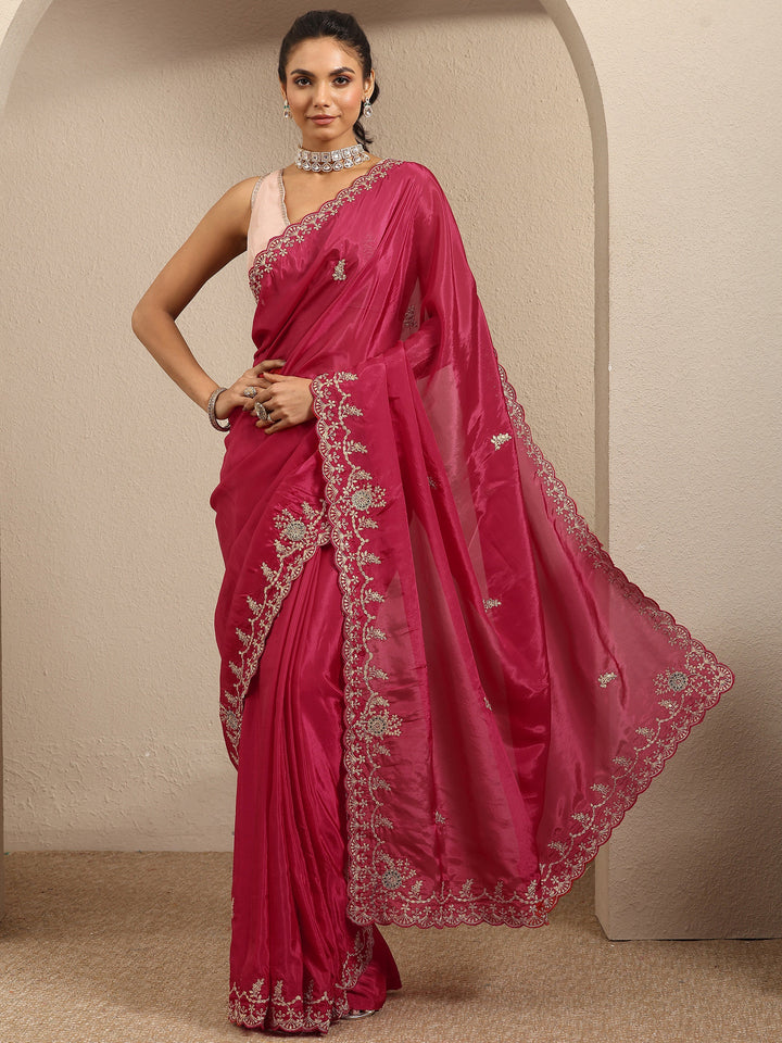 Red Embroidered Silk Blend Saree With Unstitched Blouse Piece