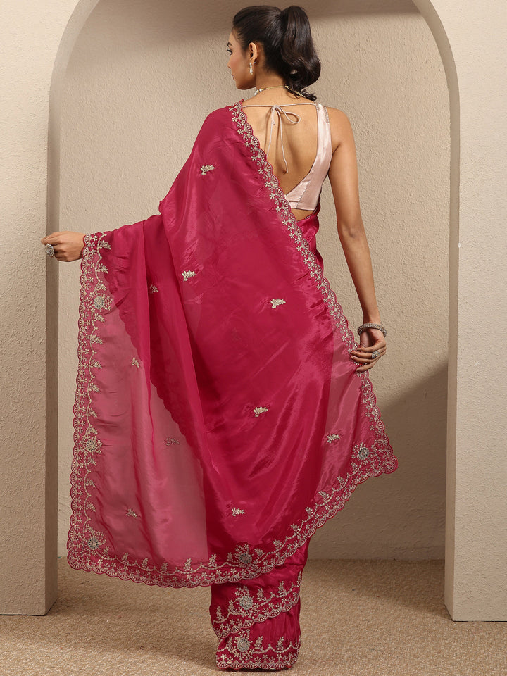 Red Embroidered Silk Blend Saree With Unstitched Blouse Piece
