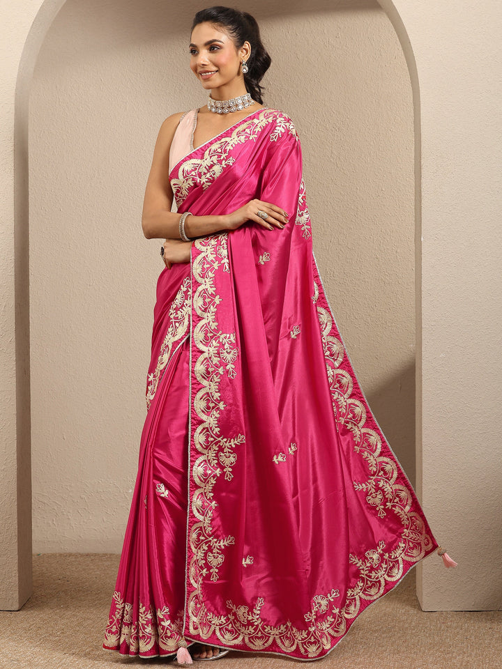 Pink Embroidered Silk Blend Saree With Unstitched Blouse Piece