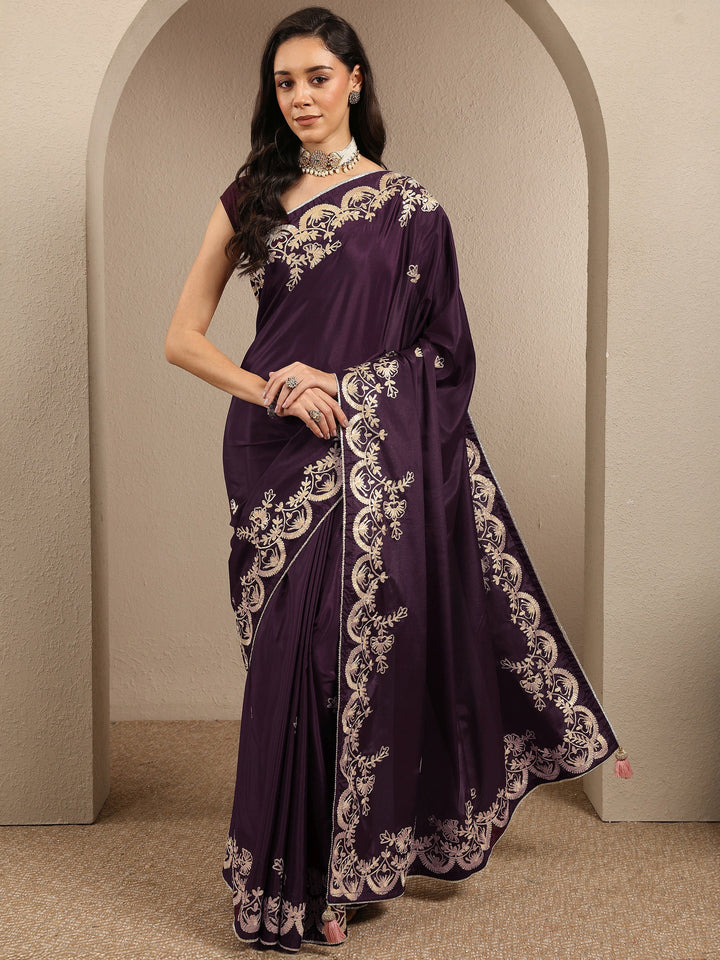 Burgundy Embroidered Silk Blend Saree With Unstitched Blouse Piece