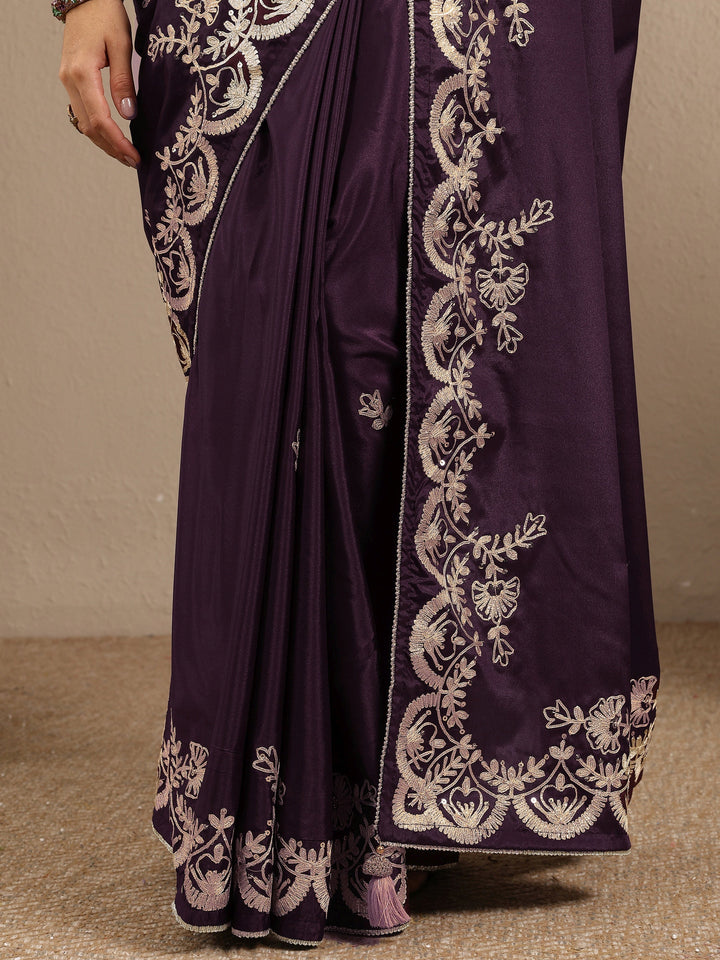 Burgundy Embroidered Silk Blend Saree With Unstitched Blouse Piece