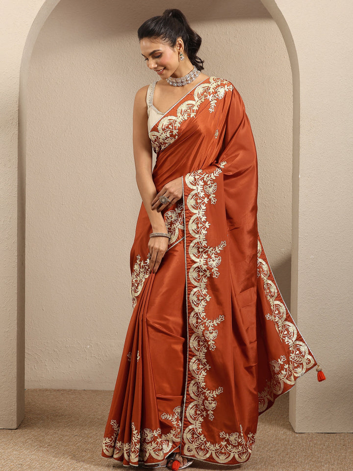 Rust Embroidered Silk Blend Saree With Unstitched Blouse Piece