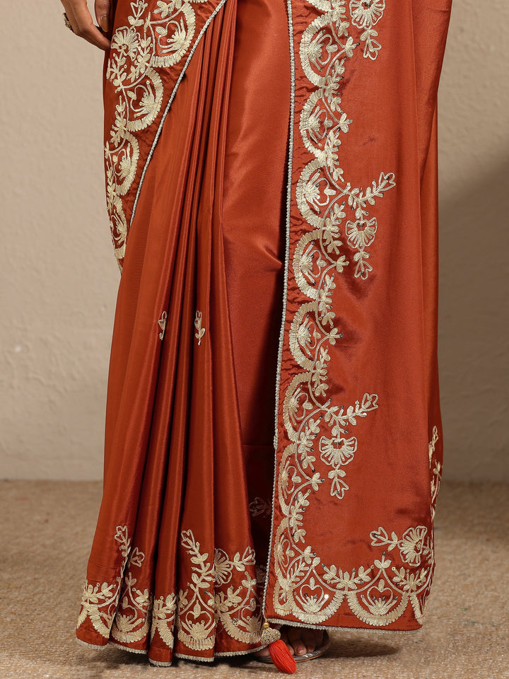 Rust Embroidered Silk Blend Saree With Unstitched Blouse Piece