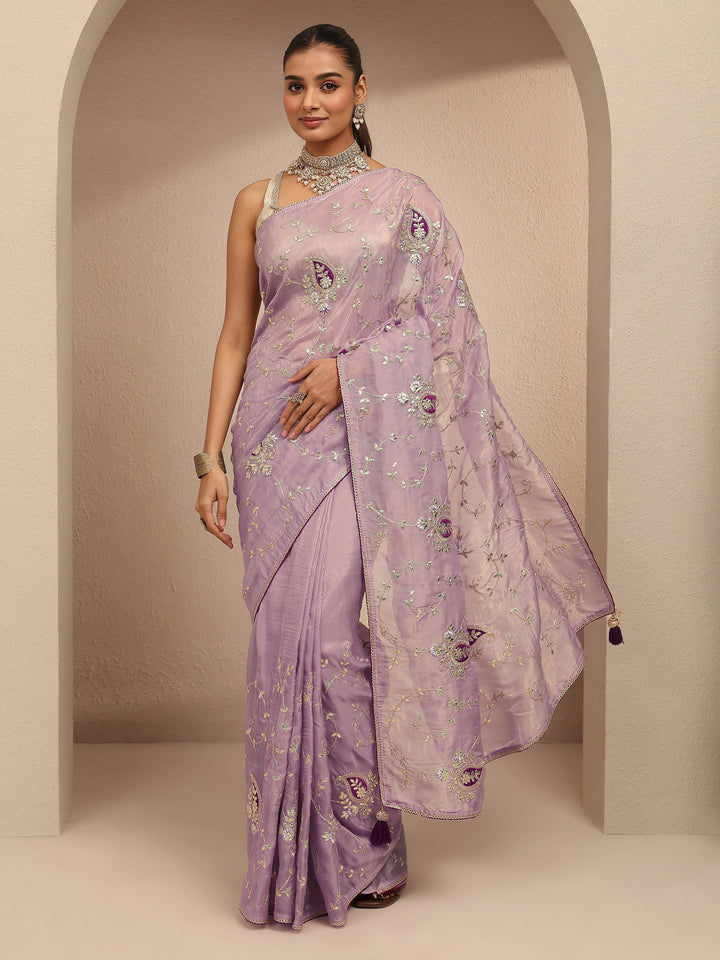 Lavender Embroidered Silk Blend Saree With Unstitched Blouse Piece