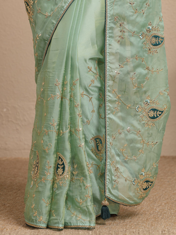 Sea Green Embroidered Silk Blend Saree With Unstitched Blouse Piece