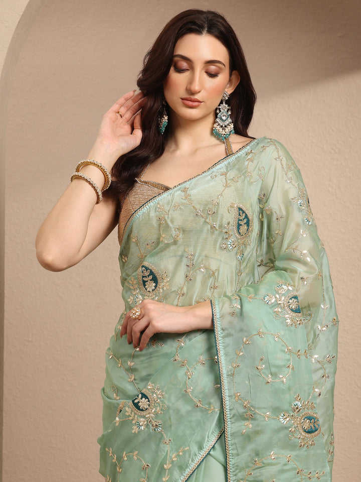 Sea Green Embroidered Silk Blend Saree With Unstitched Blouse Piece