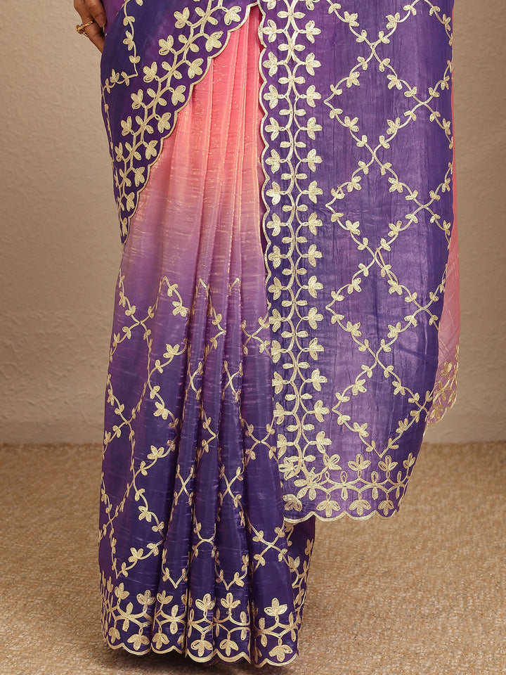 Pink Embroidered Silk Blend Saree With Unstitched Blouse Piece
