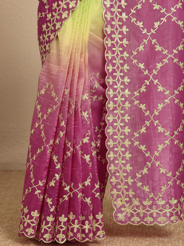 Green Embroidered Silk Blend Saree With Unstitched Blouse Piece