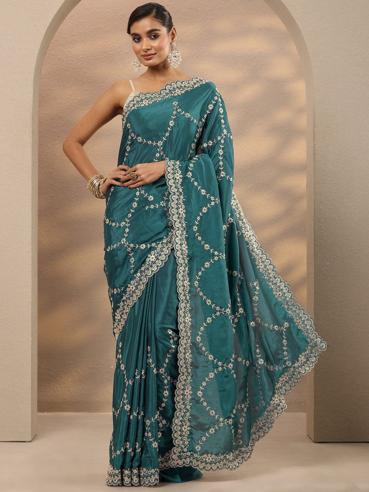 Teal Embroidered Silk Blend Saree With Unstitched Blouse Piece