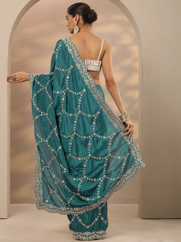 Teal Embroidered Silk Blend Saree With Unstitched Blouse Piece