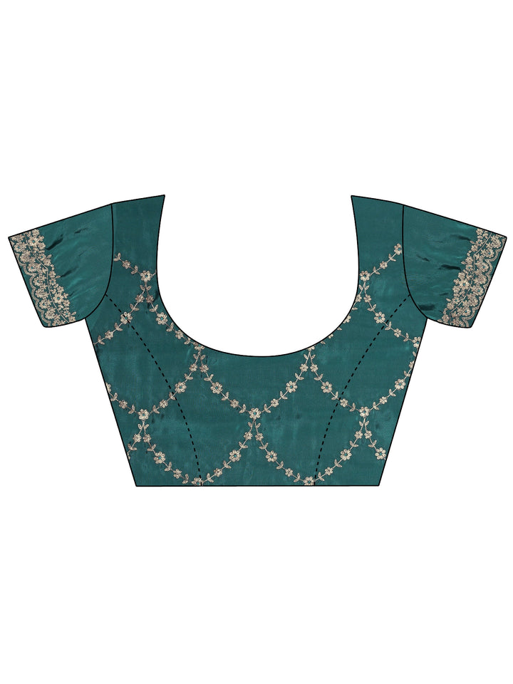 Teal Embroidered Silk Blend Saree With Unstitched Blouse Piece