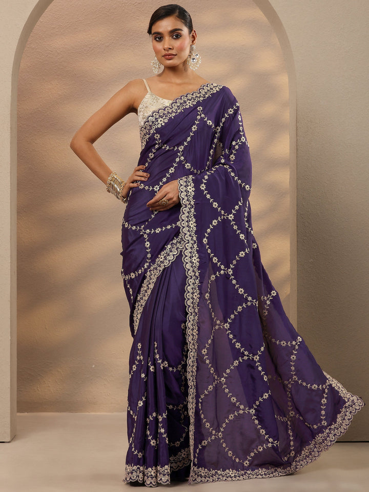 Purple Embroidered Silk Blend Saree With Unstitched Blouse Piece