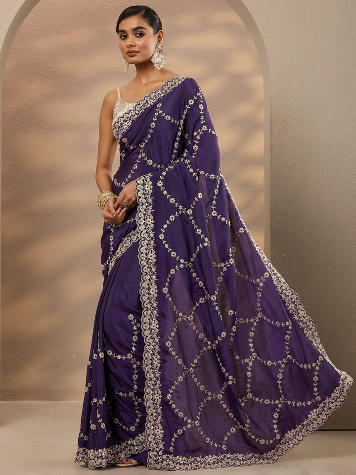 Purple Embroidered Silk Blend Saree With Unstitched Blouse Piece