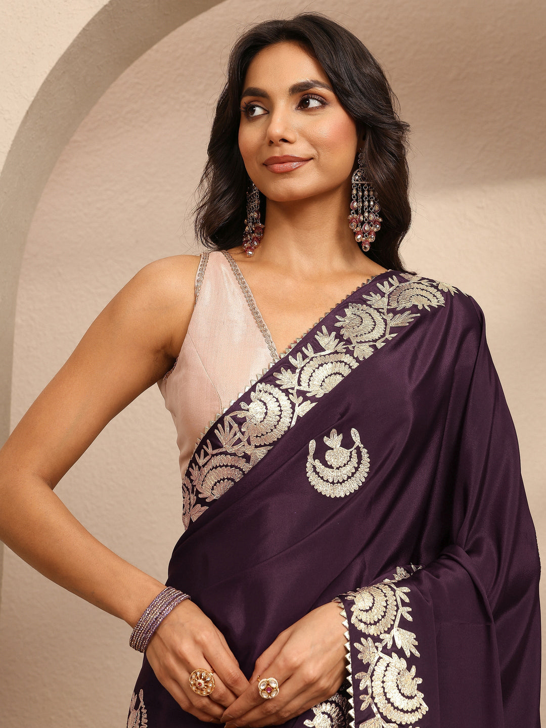 Burgundy Embroidered Silk Blend Saree With Unstitched Blouse Piece