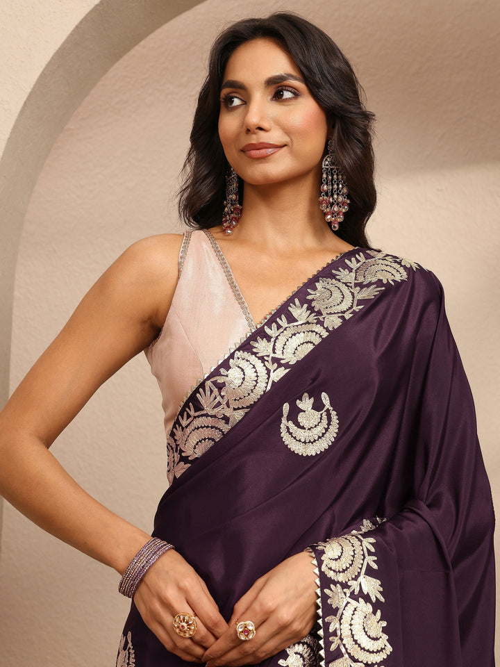 Burgundy Embroidered Silk Blend Saree With Unstitched Blouse Piece