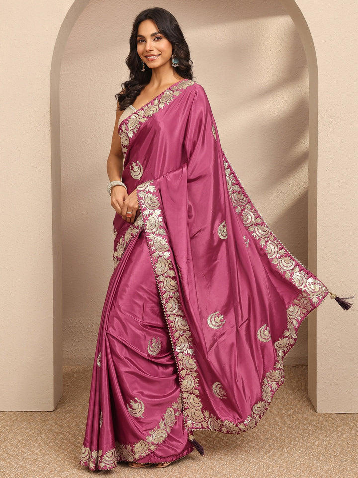 Mauve Embroidered Silk Blend Saree With Unstitched Blouse Piece