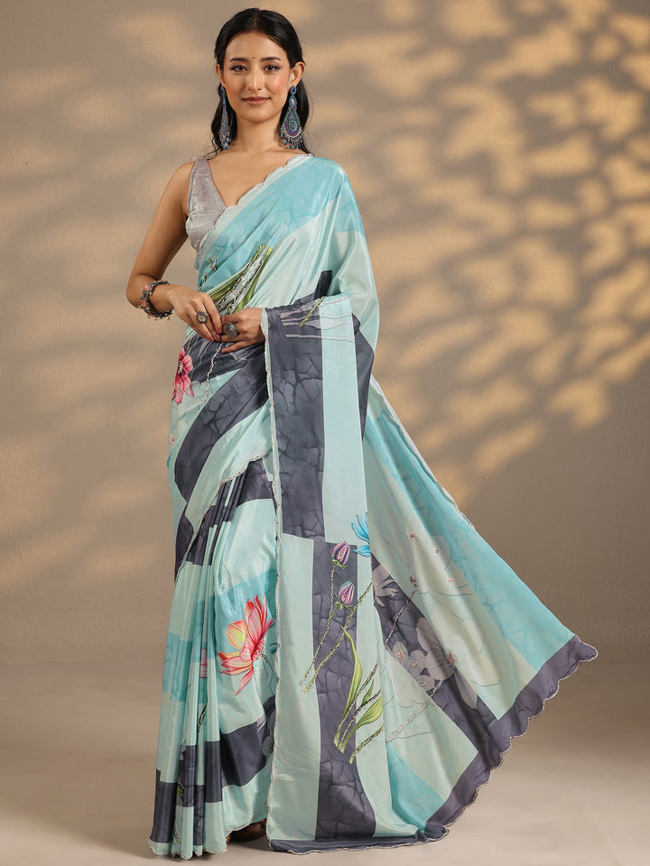 Blue Printed Silk Blend Saree With Unstitched Blouse Piece
