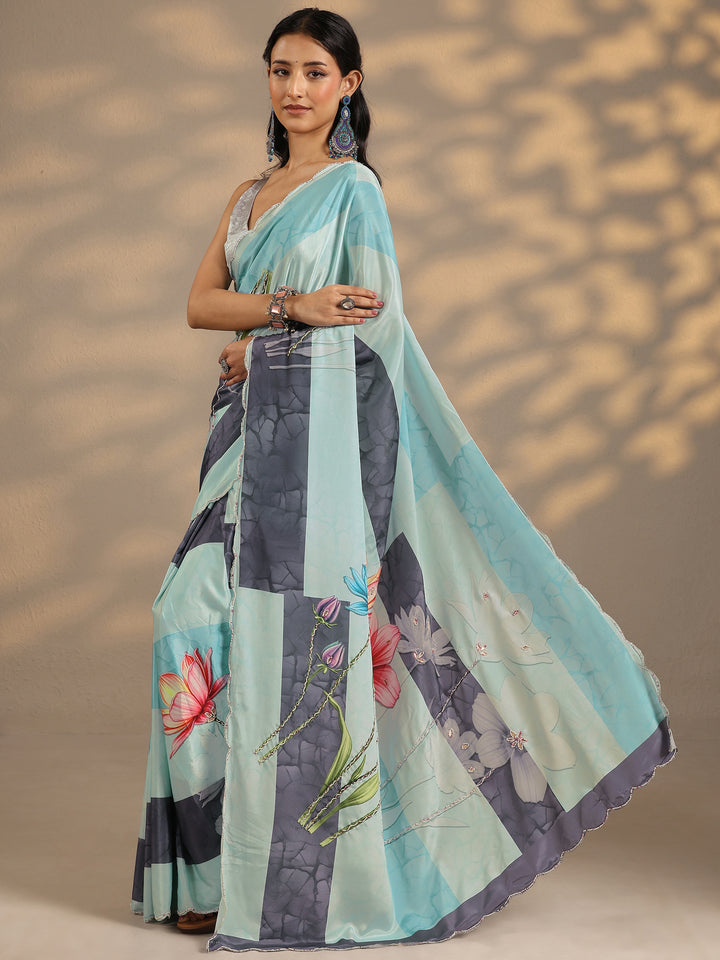 Blue Printed Silk Blend Saree With Unstitched Blouse Piece