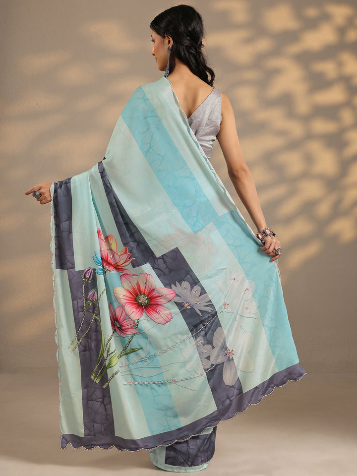 Blue Printed Silk Blend Saree With Unstitched Blouse Piece