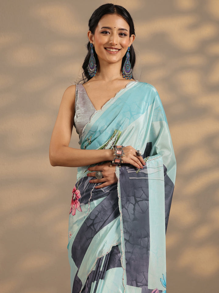 Blue Printed Silk Blend Saree With Unstitched Blouse Piece