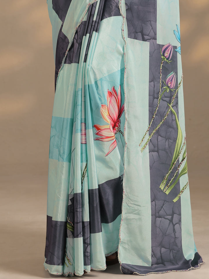 Blue Printed Silk Blend Saree With Unstitched Blouse Piece