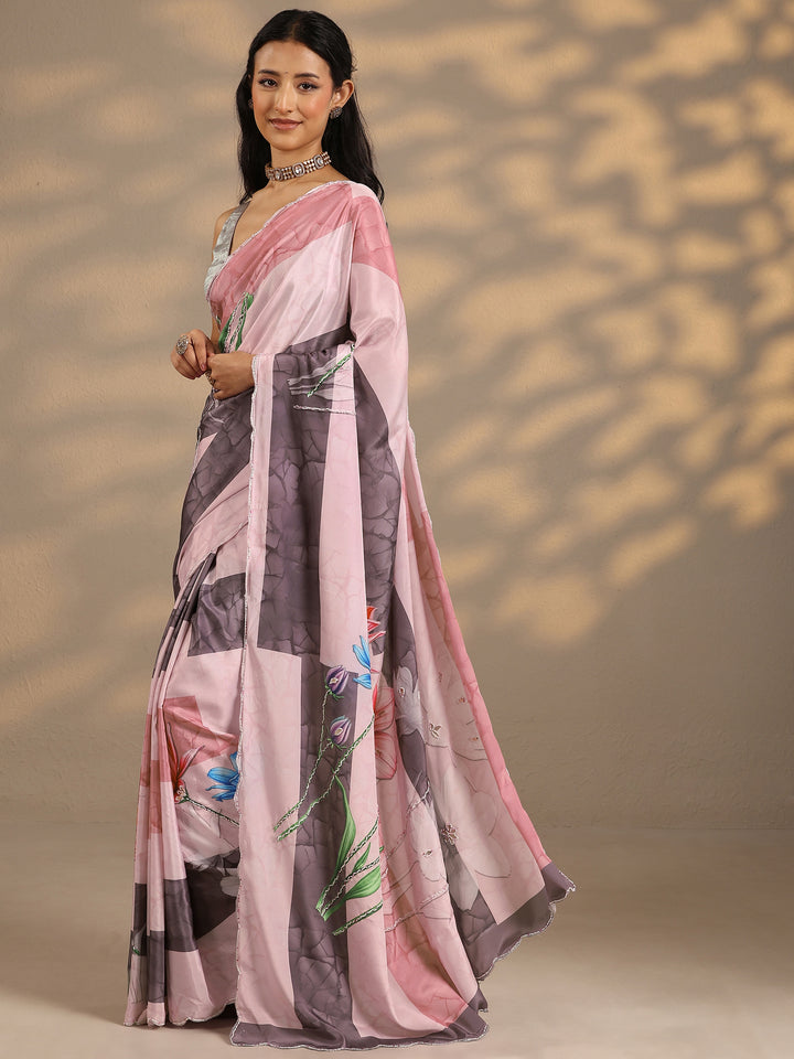 Peach Printed Silk Blend Saree With Unstitched Blouse Piece