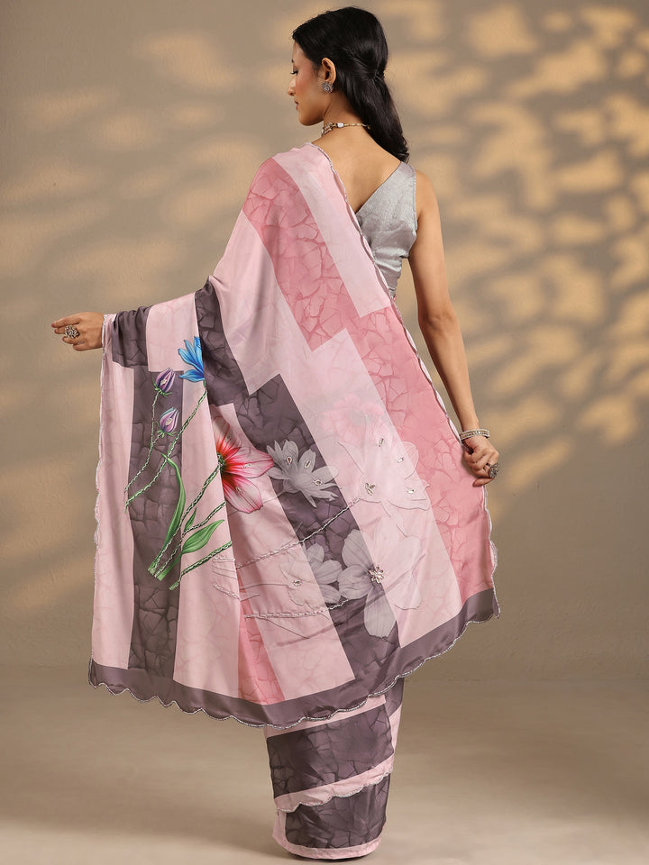 Peach Printed Silk Blend Saree With Unstitched Blouse Piece