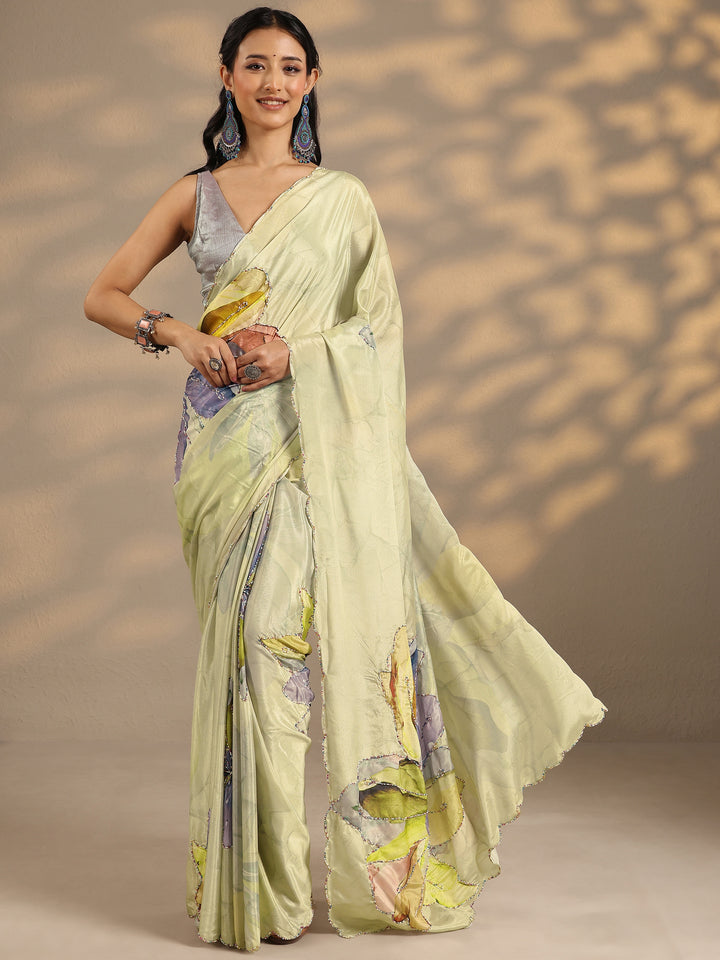 Green Printed Silk Blend Saree With Unstitched Blouse Piece