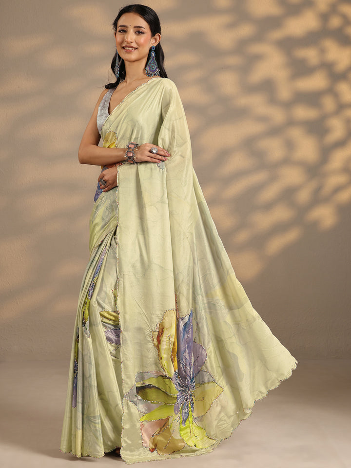 Green Printed Silk Blend Saree With Unstitched Blouse Piece