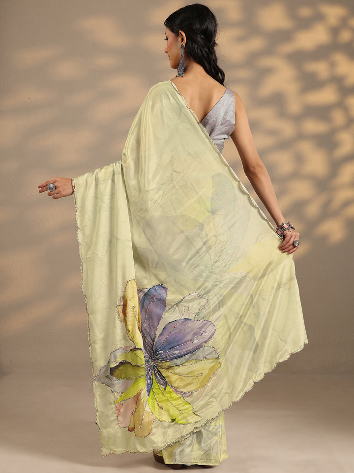 Green Printed Silk Blend Saree With Unstitched Blouse Piece