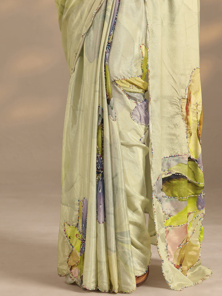 Green Printed Silk Blend Saree With Unstitched Blouse Piece