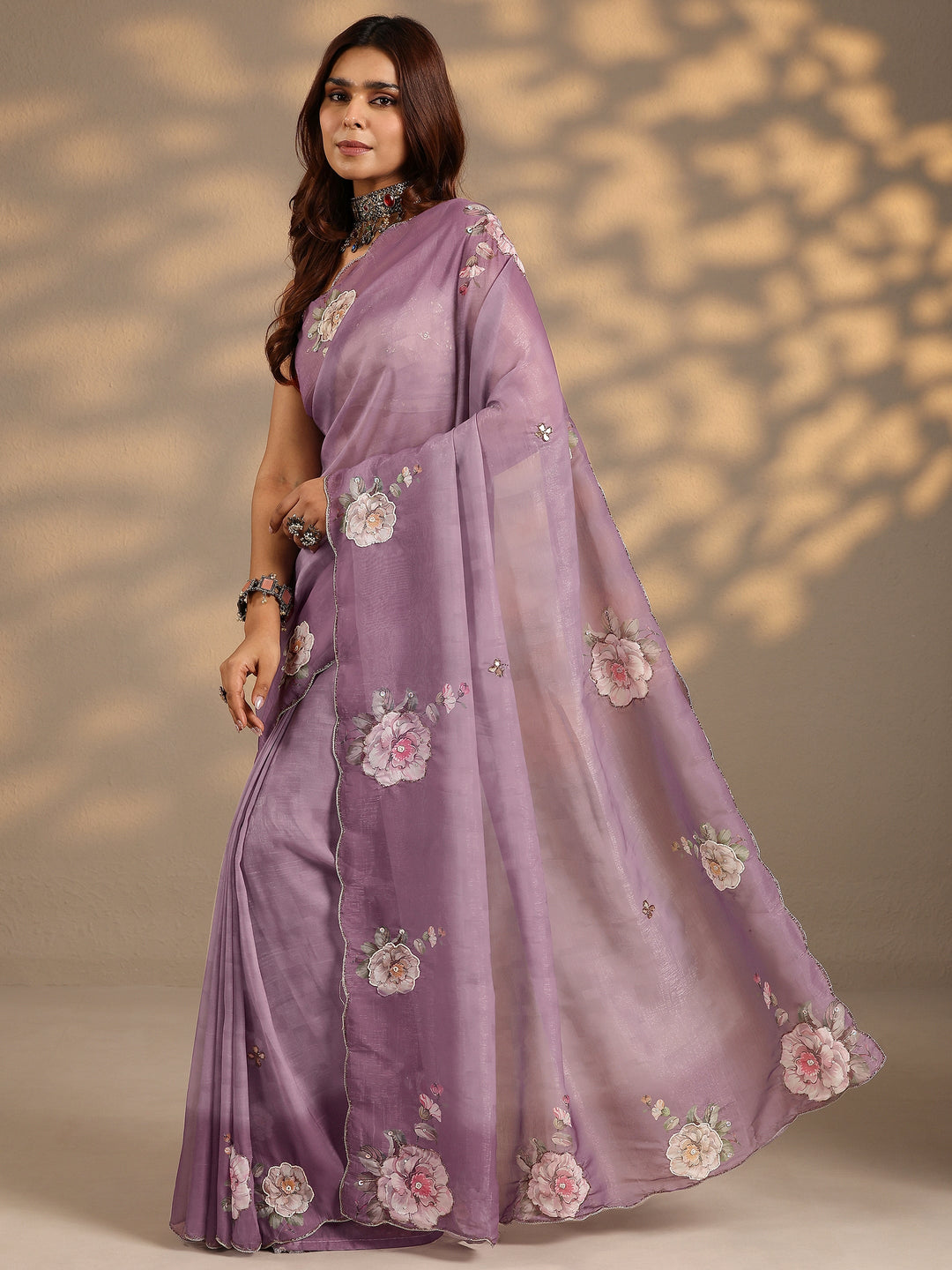 Mauve Printed Silk Blend Saree With Unstitched Blouse Piece