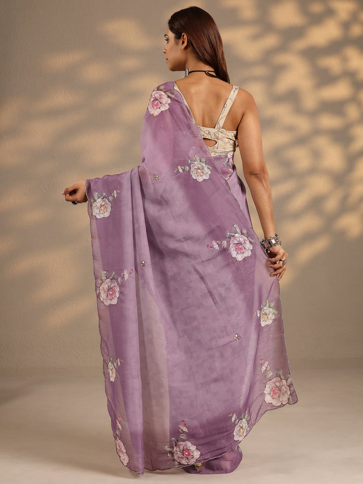 Mauve Printed Silk Blend Saree With Unstitched Blouse Piece