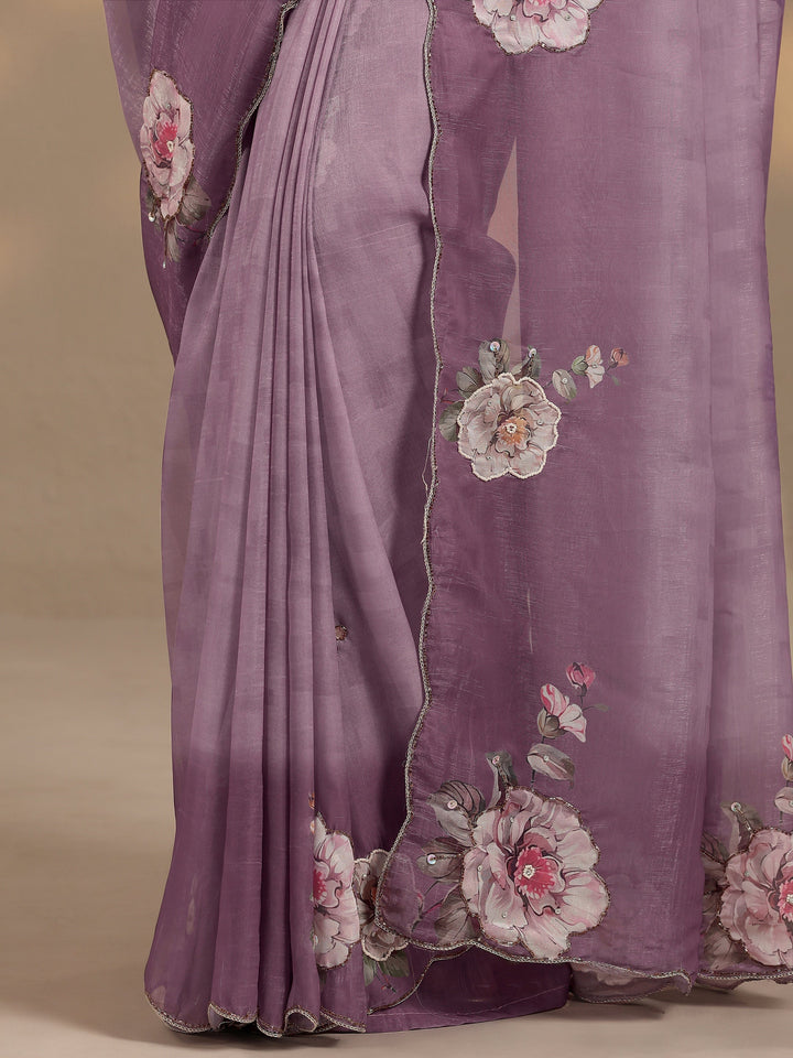 Mauve Printed Silk Blend Saree With Unstitched Blouse Piece